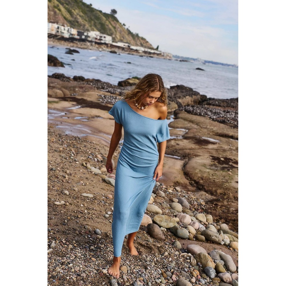 Free People Promenade Blue Off Shoulder Textured Midi Dress M Coastal Resortwear